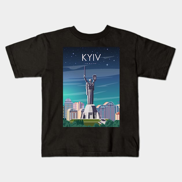 Kyiv Kiev Ukraine Motherland Monument Vintage Minimal European City Travel Poster Kids T-Shirt by jornvanhezik